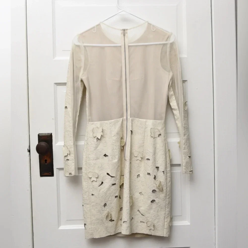 BCBGMaxazriah Jillea embroidered cut out faux leather dress cream size 2 - Picture 3 of 9